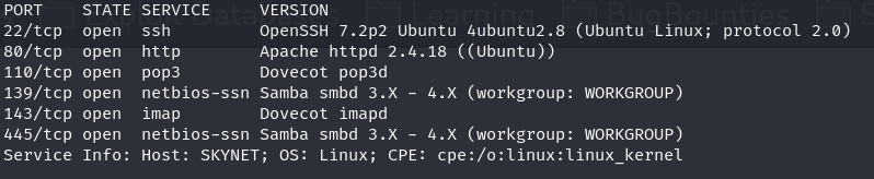 nmap results of Skynet showing open ports on 22, 80, 110, 139, 143, and 445. 